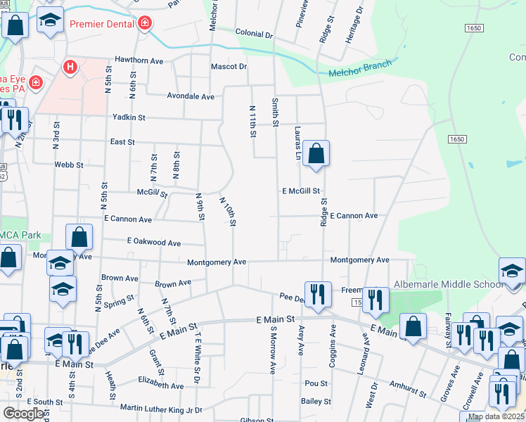 map of restaurants, bars, coffee shops, grocery stores, and more near 921 East Cannon Avenue in Albemarle