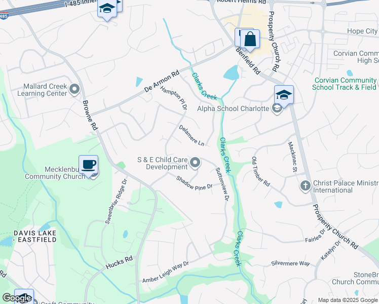 map of restaurants, bars, coffee shops, grocery stores, and more near 12012 Glen Hope Lane in Charlotte