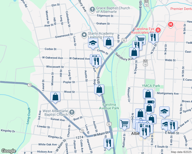 map of restaurants, bars, coffee shops, grocery stores, and more near 52 North Carolina 24 in Albemarle