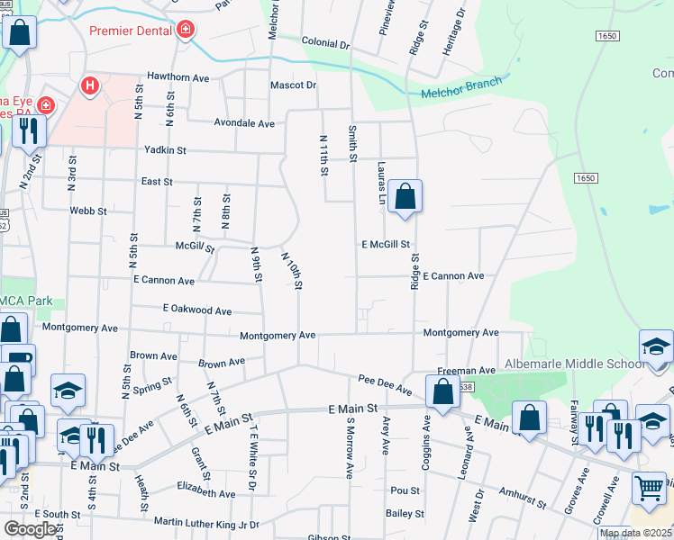 map of restaurants, bars, coffee shops, grocery stores, and more near 921 East Cannon Avenue in Albemarle