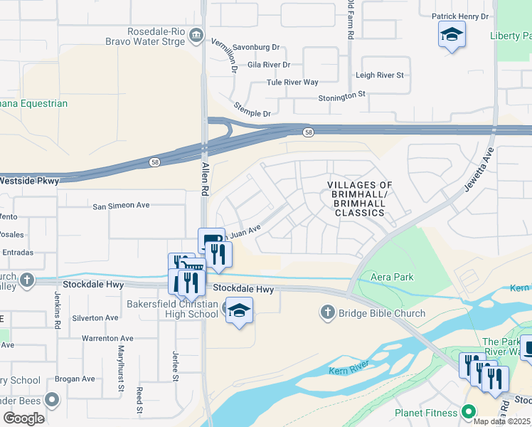 map of restaurants, bars, coffee shops, grocery stores, and more near 12509 Cheswolde Drive in Bakersfield