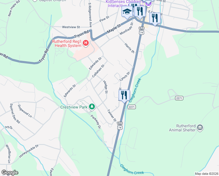 map of restaurants, bars, coffee shops, grocery stores, and more near 170 Hodge Street in Rutherfordton