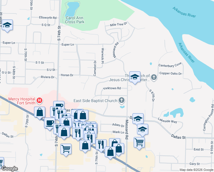 map of restaurants, bars, coffee shops, grocery stores, and more near 7912 Valley Forge Road in Fort Smith