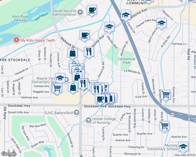 map of restaurants, bars, coffee shops, grocery stores, and more near 5201 Dunsmuir Road in Bakersfield