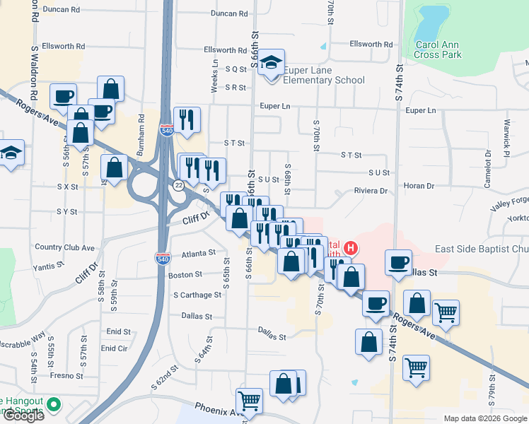 map of restaurants, bars, coffee shops, grocery stores, and more near 2606 South 67th Street in Fort Smith