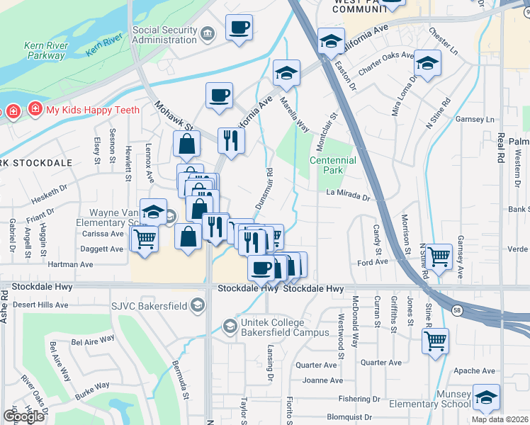 map of restaurants, bars, coffee shops, grocery stores, and more near 5201 Dunsmuir Road in Bakersfield