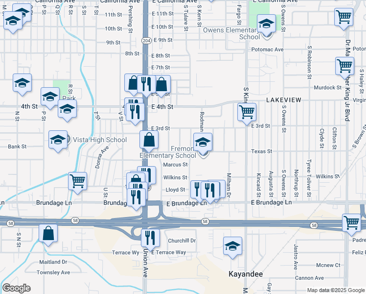 map of restaurants, bars, coffee shops, grocery stores, and more near 211 Marsh Street in Bakersfield
