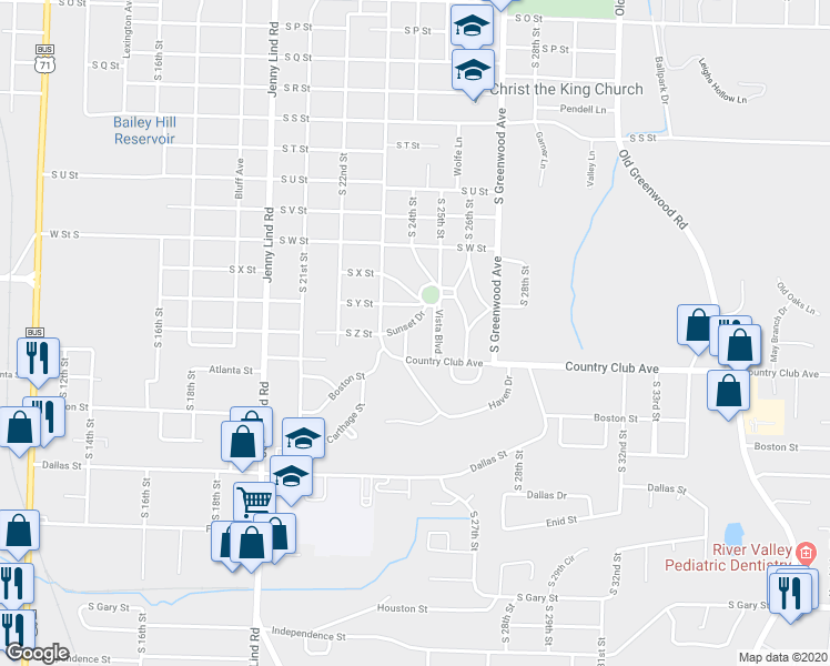 map of restaurants, bars, coffee shops, grocery stores, and more near 30 Vista Boulevard in Fort Smith