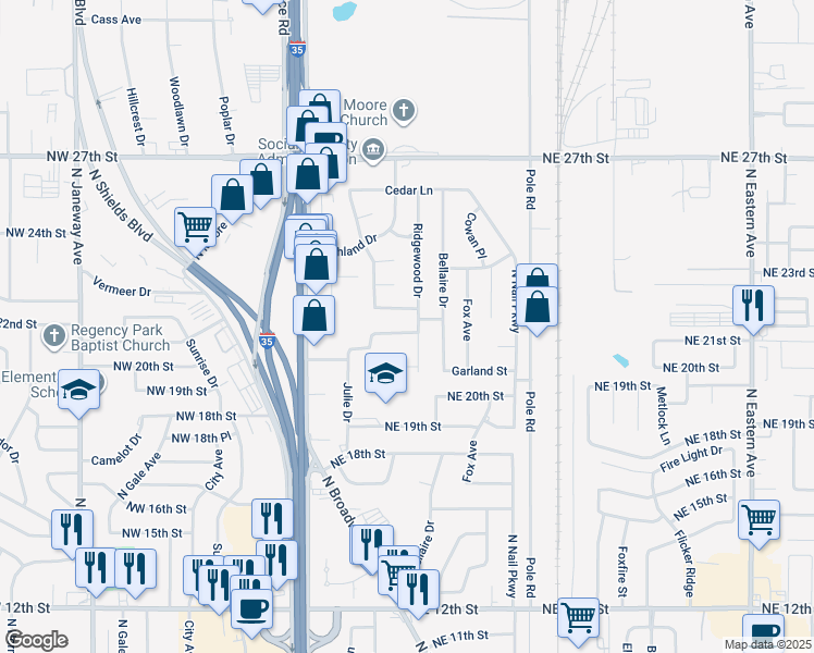 map of restaurants, bars, coffee shops, grocery stores, and more near 213 Northeast 21st Street in Moore