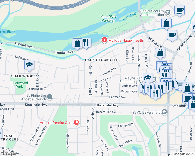 map of restaurants, bars, coffee shops, grocery stores, and more near 6313 Hesketh Drive in Bakersfield