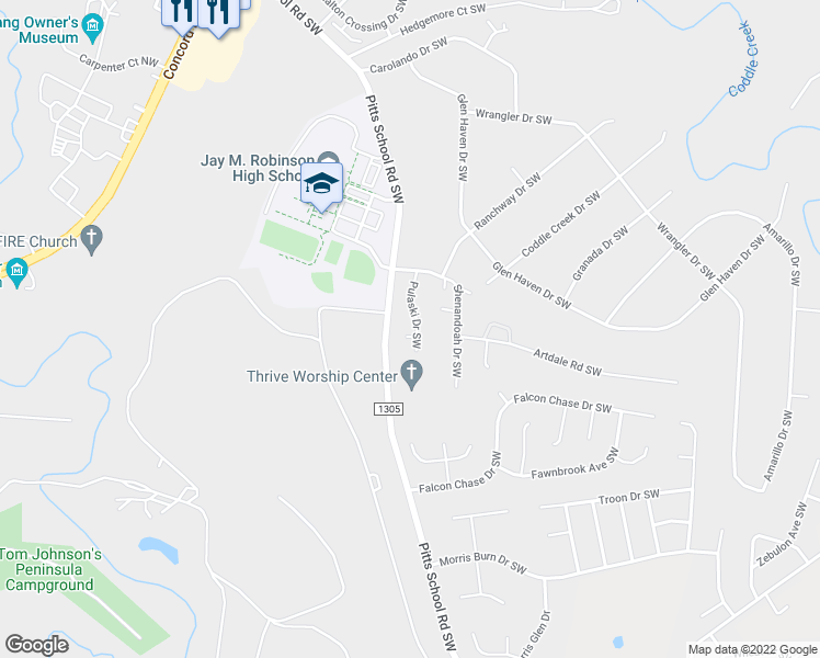 map of restaurants, bars, coffee shops, grocery stores, and more near 4014 Tybee Court Southwest in Concord