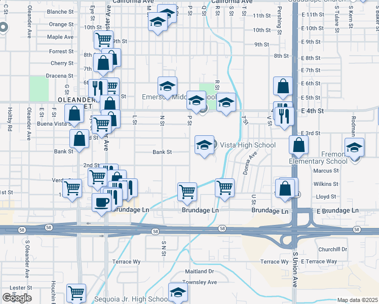 map of restaurants, bars, coffee shops, grocery stores, and more near 201 P Street in Bakersfield