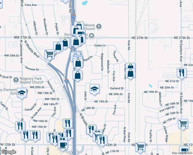 map of restaurants, bars, coffee shops, grocery stores, and more near 213 Northeast 21st Street in Moore