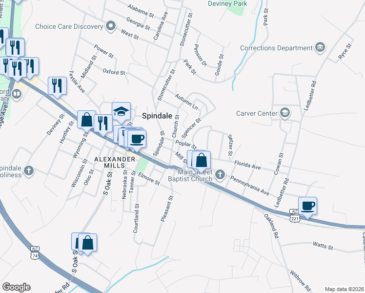 map of restaurants, bars, coffee shops, grocery stores, and more near 206 Spencer Street in Spindale