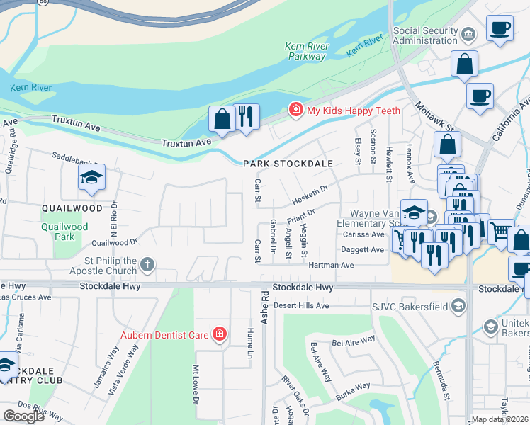 map of restaurants, bars, coffee shops, grocery stores, and more near 6405 Hesketh Drive in Bakersfield