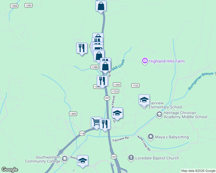 map of restaurants, bars, coffee shops, grocery stores, and more near 16 State Road 1349 in Sylva