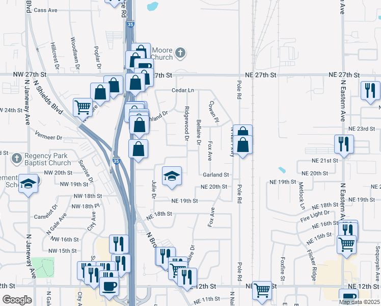 map of restaurants, bars, coffee shops, grocery stores, and more near 300 Cherrywood Drive in Moore