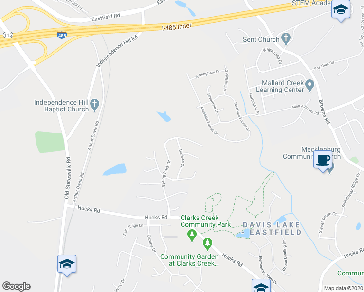 map of restaurants, bars, coffee shops, grocery stores, and more near 10018 Barbee Drive in Charlotte