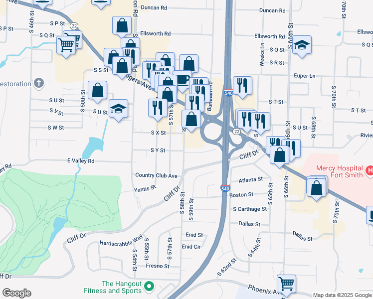 map of restaurants, bars, coffee shops, grocery stores, and more near 5409 South Y Street in Fort Smith