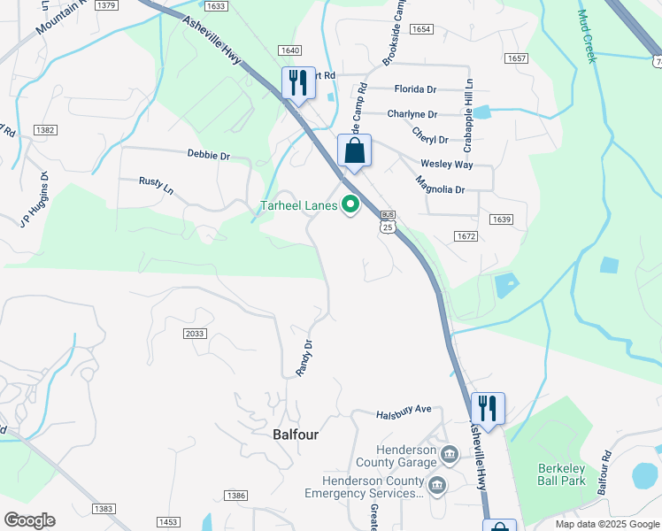 map of restaurants, bars, coffee shops, grocery stores, and more near 215 Randy Drive in Hendersonville