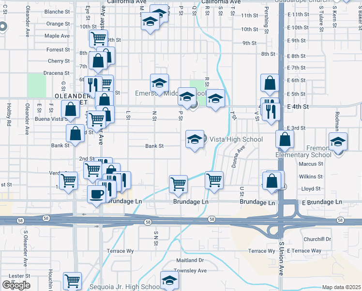 map of restaurants, bars, coffee shops, grocery stores, and more near 200 P Street in Bakersfield