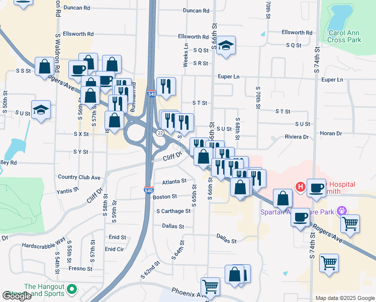 map of restaurants, bars, coffee shops, grocery stores, and more near 6453 Rogers Avenue in Fort Smith