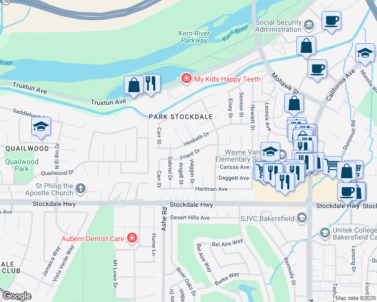 map of restaurants, bars, coffee shops, grocery stores, and more near 6112 Friant Drive in Bakersfield