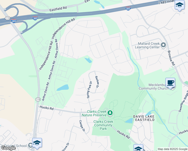 map of restaurants, bars, coffee shops, grocery stores, and more near 10021 Barbee Drive in Charlotte
