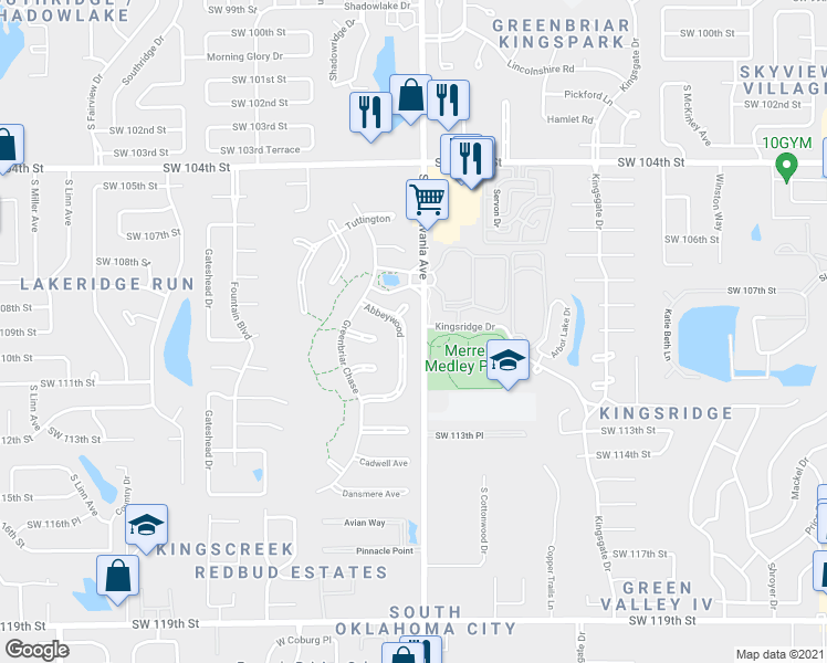 map of restaurants, bars, coffee shops, grocery stores, and more near 11104 Abbeywood in Oklahoma City