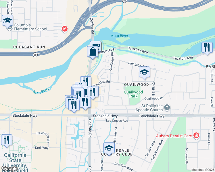 map of restaurants, bars, coffee shops, grocery stores, and more near 501 Quailridge Road in Bakersfield