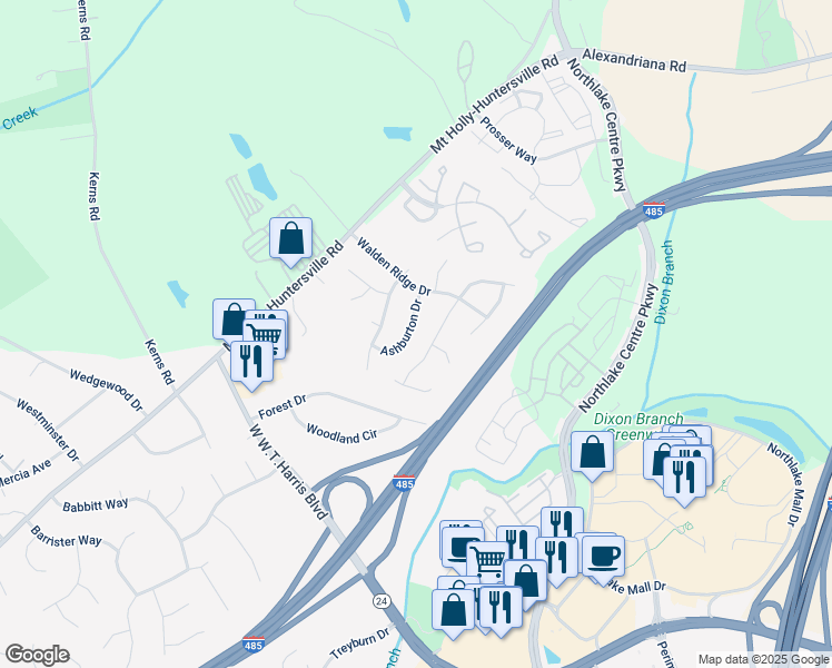 map of restaurants, bars, coffee shops, grocery stores, and more near 9814 Ashburton Drive in Charlotte