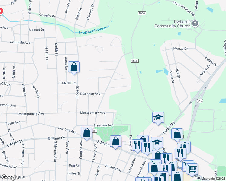map of restaurants, bars, coffee shops, grocery stores, and more near 1318 East Cannon Avenue in Albemarle