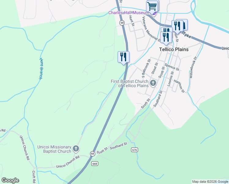 map of restaurants, bars, coffee shops, grocery stores, and more near 119 Unicoi Church Road in Tellico Plains