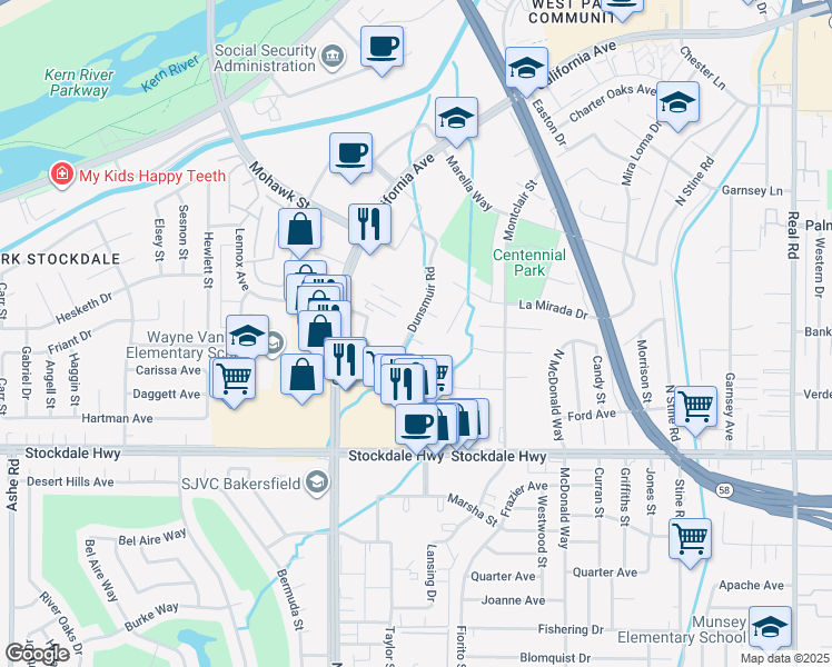 map of restaurants, bars, coffee shops, grocery stores, and more near 5201 Dunsmuir Road in Bakersfield
