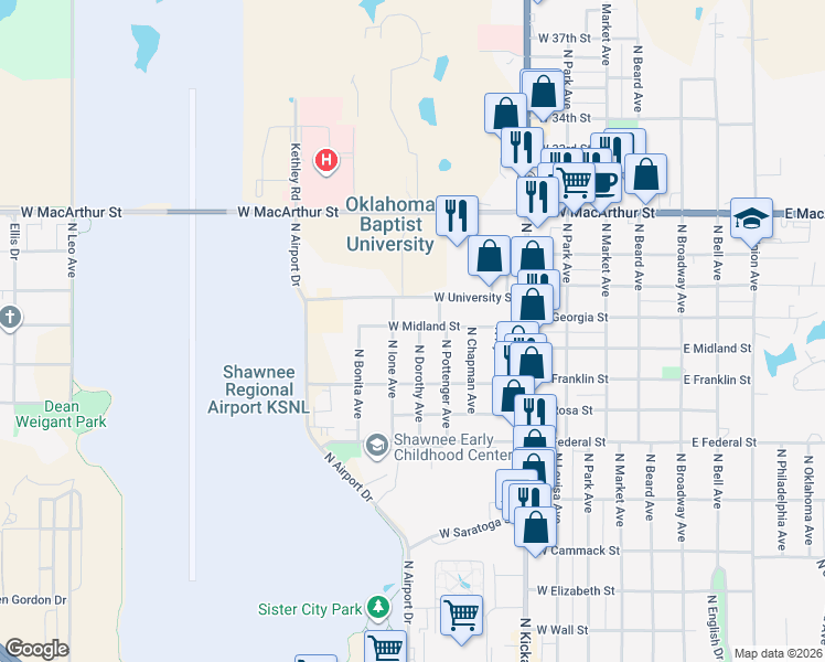 map of restaurants, bars, coffee shops, grocery stores, and more near 2244 North Dorothy Avenue in Shawnee