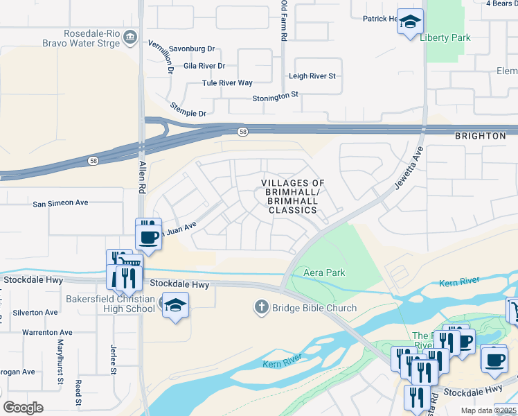 map of restaurants, bars, coffee shops, grocery stores, and more near 12101 Lower Waterford Drive in Bakersfield