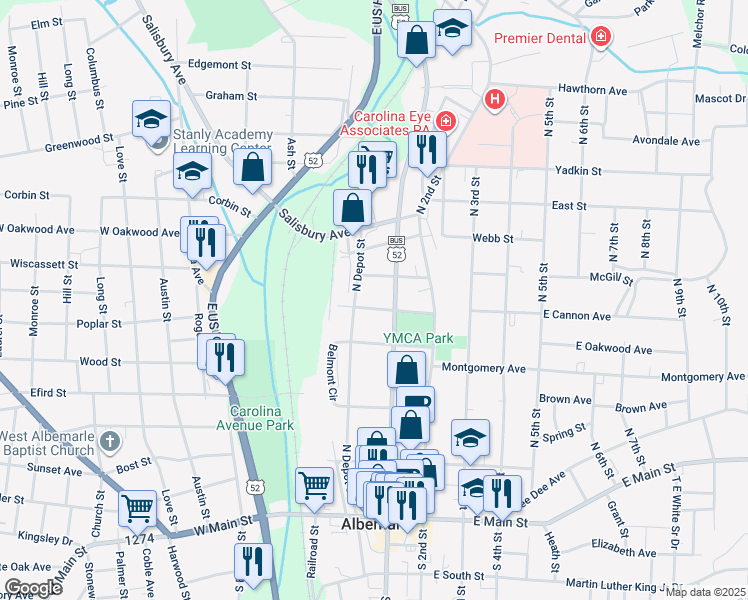 map of restaurants, bars, coffee shops, grocery stores, and more near 220 C. B. Crook Drive in Albemarle