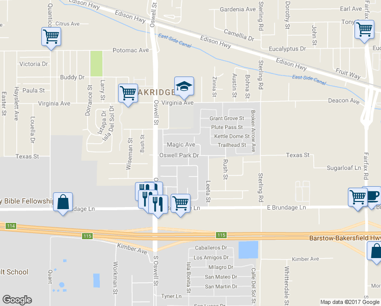 map of restaurants, bars, coffee shops, grocery stores, and more near 5212 Oswell Point Lane in Bakersfield