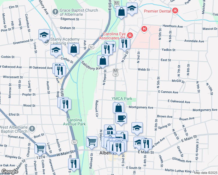 map of restaurants, bars, coffee shops, grocery stores, and more near 220 C. B. Crook Drive in Albemarle