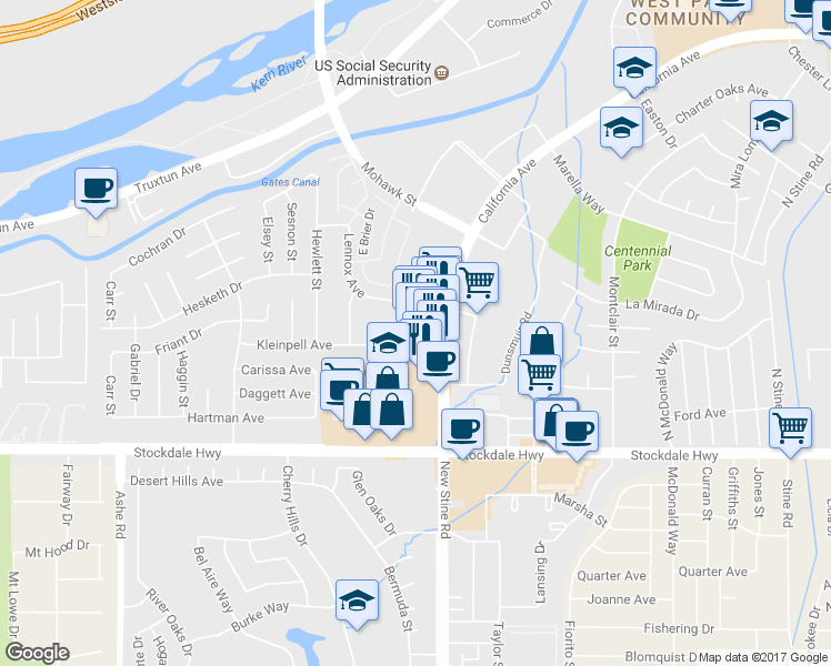 map of restaurants, bars, coffee shops, grocery stores, and more near 5452 California Avenue in Bakersfield