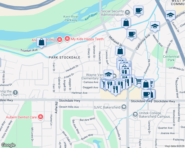 map of restaurants, bars, coffee shops, grocery stores, and more near 405 Plato Court in Bakersfield