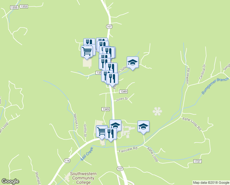 map of restaurants, bars, coffee shops, grocery stores, and more near 265 Crestview Heights in Sylva