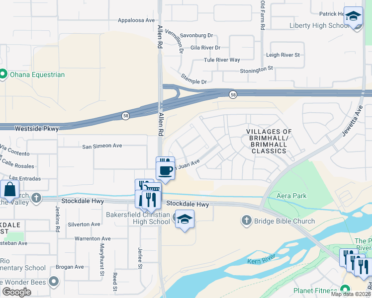 map of restaurants, bars, coffee shops, grocery stores, and more near 112 Cedmont Drive in Bakersfield