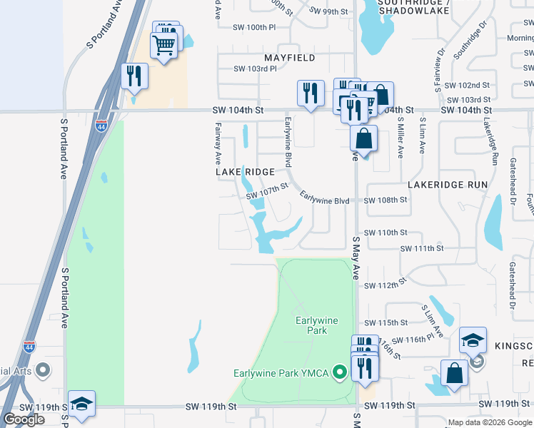 map of restaurants, bars, coffee shops, grocery stores, and more near 10905 Waterside Drive in Oklahoma City