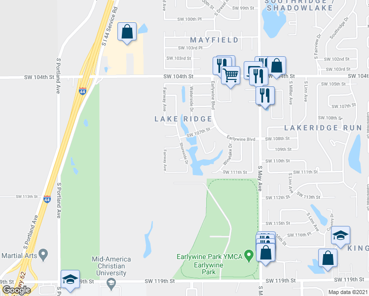 map of restaurants, bars, coffee shops, grocery stores, and more near 11000 Shoreside Drive in Oklahoma City