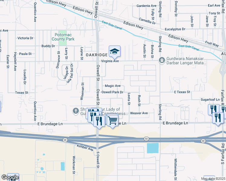 map of restaurants, bars, coffee shops, grocery stores, and more near 5212 Oswell Point Lane in Bakersfield