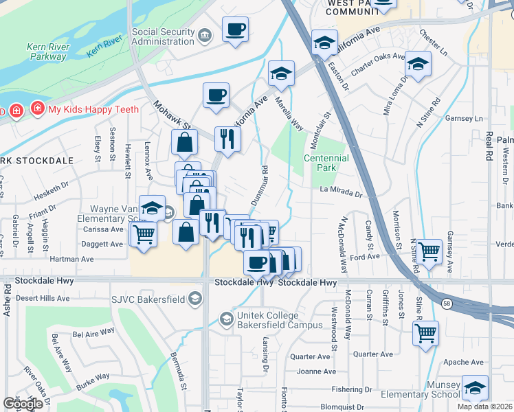 map of restaurants, bars, coffee shops, grocery stores, and more near 5201 Dunsmuir Road in Bakersfield