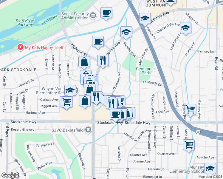 map of restaurants, bars, coffee shops, grocery stores, and more near 5201 Dunsmuir Road in Bakersfield