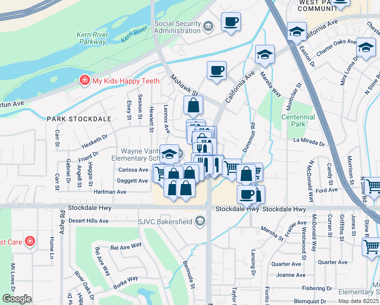 map of restaurants, bars, coffee shops, grocery stores, and more near 5452 California Avenue in Bakersfield