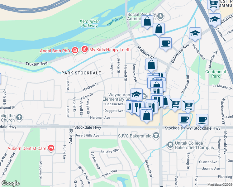 map of restaurants, bars, coffee shops, grocery stores, and more near 405 Plato Court in Bakersfield